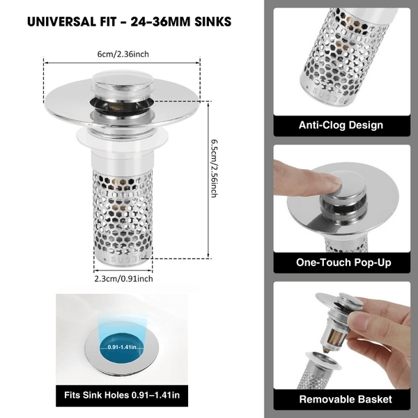 Pop-Up Sink Drain Filter – Anti-Clog Stainless Steel Hair Catcher Plug (2/4PCS)