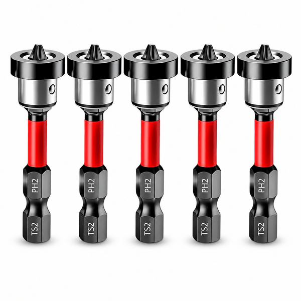 Magnetic Drywall Screw Setter Bits — 5pcs PH2 Set with Removable Depth Collar | S2 Steel, 1/4" Hex Shank