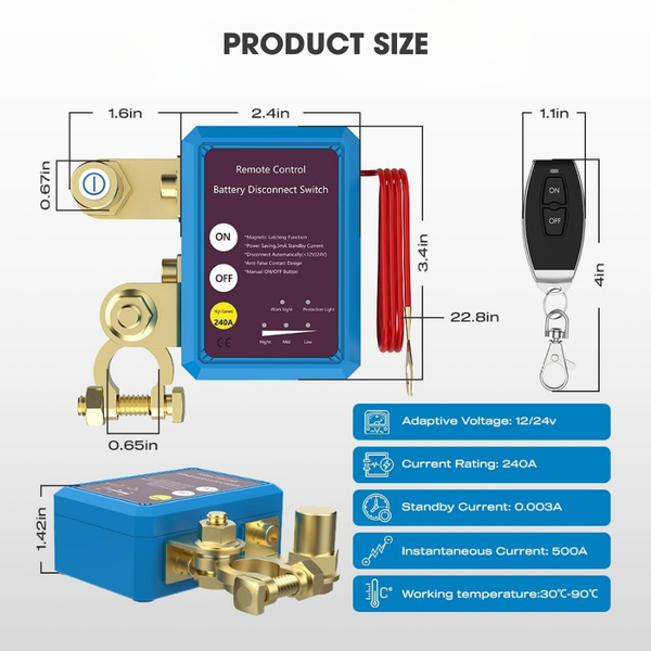 12V Remote Battery Disconnect Switch – 240A Automatic Power Shut-Off for Cars, Trucks, Boats, RVs