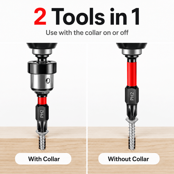 Magnetic Drywall Screw Setter Bits — 5pcs PH2 Set with Removable Depth Collar | S2 Steel, 1/4" Hex Shank