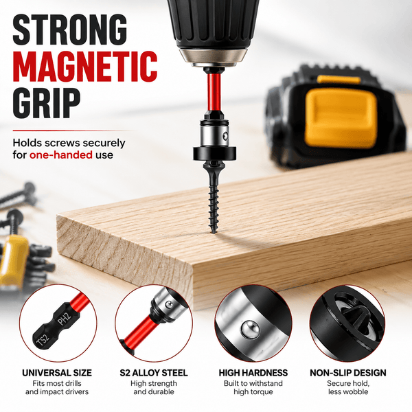 Magnetic Drywall Screw Setter Bits — 5pcs PH2 Set with Removable Depth Collar | S2 Steel, 1/4" Hex Shank