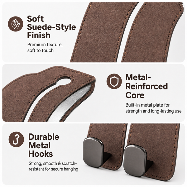 2PCS Leather Car Seat Headrest Hooks – Double Metal Purse & Bag Hangers