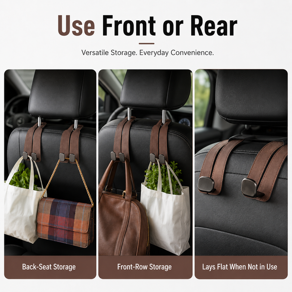 2PCS Leather Car Seat Headrest Hooks – Double Metal Purse & Bag Hangers
